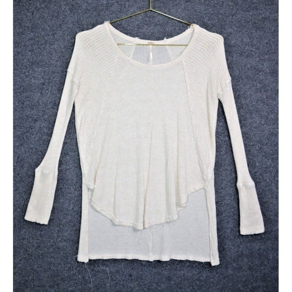 Free People Shirt Women XS Off White Ventura Frayed Distressed BOHO LS Pullover